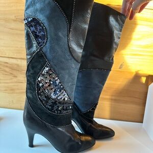 Vintage Patchwork Black Sequin Knee-High Boots 6